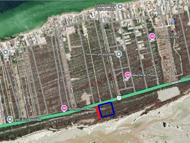 Mapa de la zona mostrando el terreno en renta en azul, colindante con el terreno en venta en rojo