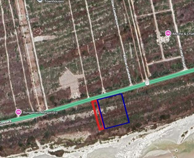 Vista aérea cercana del terreno en renta y su colindancia con el terreno en venta